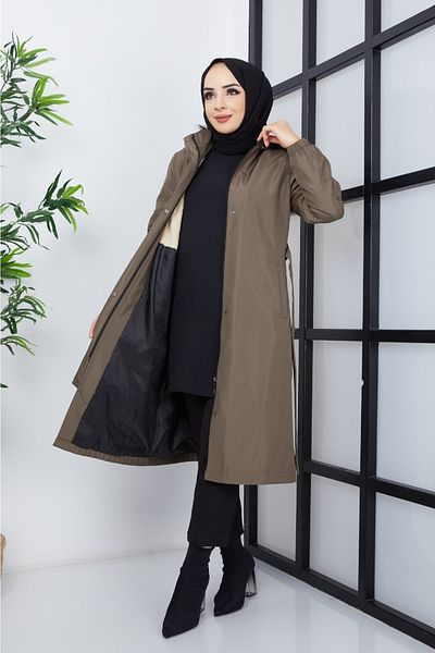 KMKkombin Seyit Special Women's Sleeve Patterned Light Fiber Hat Fur Under Lining Stylish Casual Coat