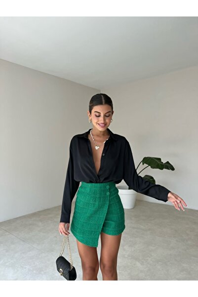 munora butik Rahat Kesim Saten Siyah Gömlek