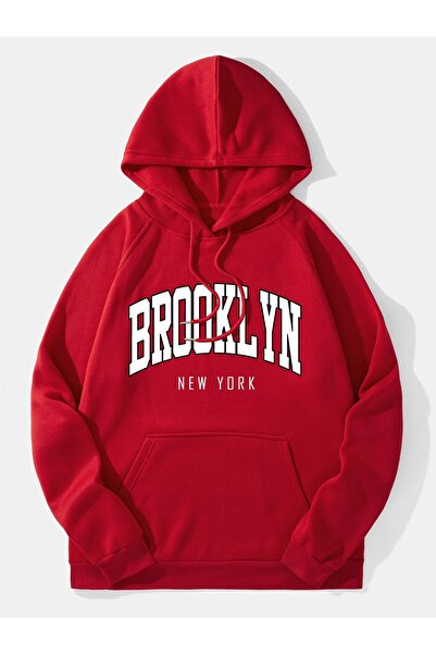 Yasolin Unisex Brooklyn Štampano Sa kapuljačom crvena majica