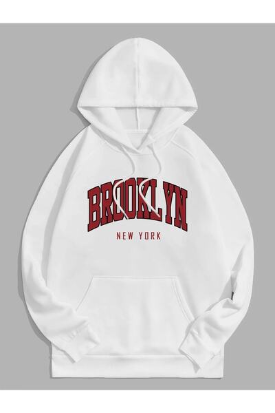 Yasolin Unisex Φούτερ με κουκούλα με στάμπα Brooklyn, λευκό