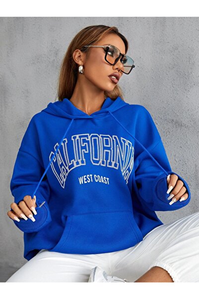 Yasolin Unisex Calıfornia Baskılı Kapüşonlu Sweatshirt MAVİRENK