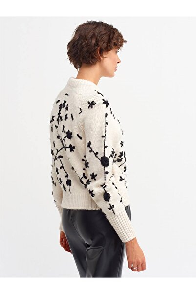 Dilvin Πουλόβερ 2699 Ecru Color Crew με λαιμόκοψη και κέντημα