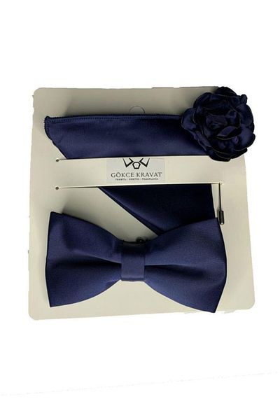 Brianze Navy Blue Bow Tie Handkerchief and Collar Flower Set