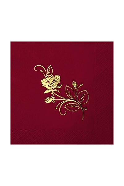 Story 16 Pack Burgundy Colored Paper Napkins with Gold Leaf Rose Pattern