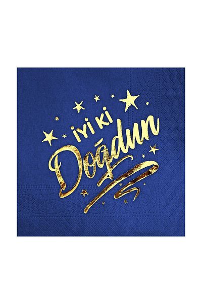 Story Gold Leaf Happy Birthday Birthday Patterned 16-Piece Navy Blue Napkins