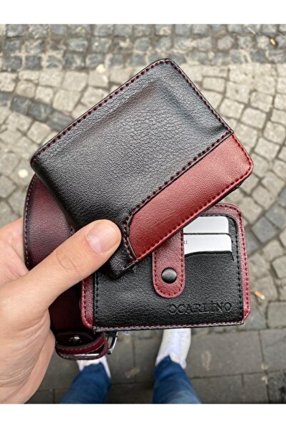 Karalı Deri Bordo Erkek Klasik Cüzdan Kartlık Kemer Seti