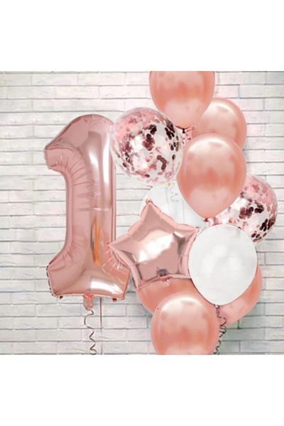Deniz Party Store 100 Cm Rose Gold Foil and Rose White Transparent Confetti Balloon Set