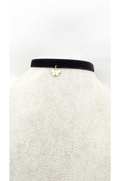 Fugusugu Black Velvet Choker with White Enamel Gold Butterfly Figure