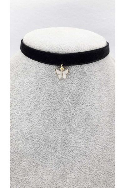 Fugusugu Black Velvet Choker with White Enamel Gold Butterfly Figure