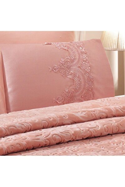 Walls Home Fransız Dantel Işlemeli Taşlı Çift Kişilik Yatak Örtüsü Pudra