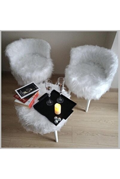 Morfoni Peluş Puf 3'lü Set Beyaz Renk Peluş Kumaş - Beyaz Renk Ahşap Ayak Mrf...