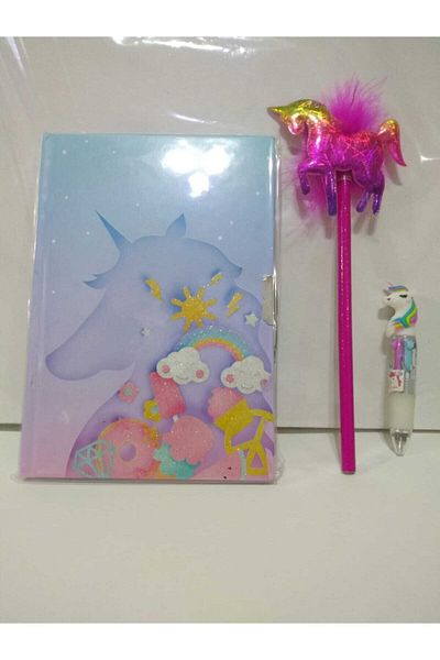 ÇINAR DEFTER Σετ αναμνηστικό σημειωματάριο Unicorn με κεφαλάρι και 4 χρώματα Mini στυλό