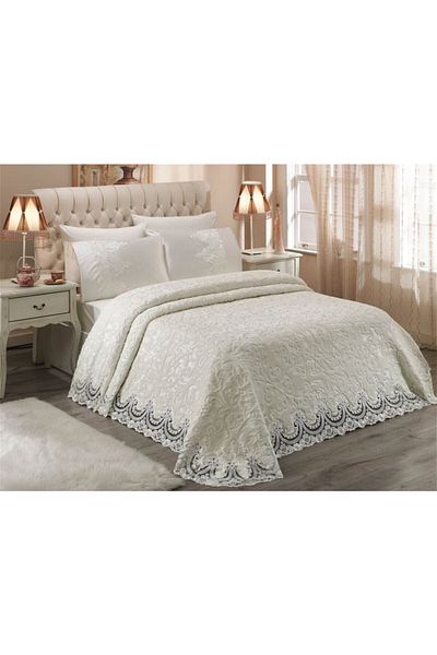 Karaşin Çeyiz French Lace Embroidered Jewelled Double Bedspread Cream