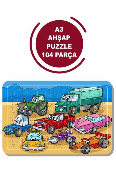 Baskı Atölyesi Sevimli Arabalar A3 104 Parça Puzzle, Oyuncak, Yapboz