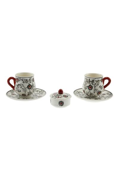 OTANTİK ÇİNİ Kırmızı Haliç Dekorlu 2 Li Fincan Takımı 6x6 Cm Tabak 12 Cm