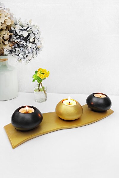 Esafe Home Gold Tabaklı Siyah & Gri Beton Mumluk 4'lü