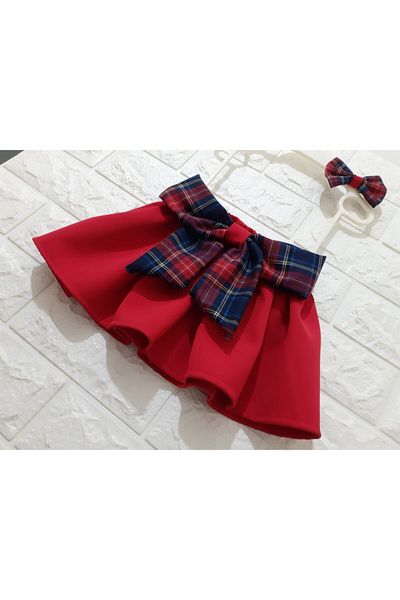 Eylülce Butik Fusta roșie cu fundă în carouri pentru fetiță