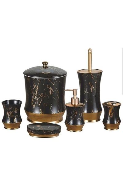 AROW Anabel Siyah Mermer Görünümlü Porselen 6 Parça Banyo Seti