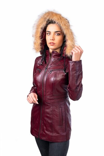 Kadın Bordo Hakiki Deri Kaban