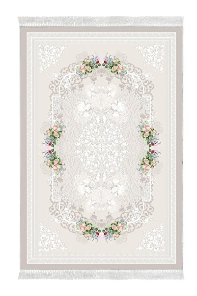 Alanur Home Yıldız Deri Tabanlı Saçaklı Dijital Halı Krem