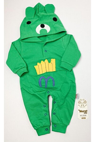 babixkids Unisex Yeşil Kapüşonlu Bebek %100 Pamuk Tulum