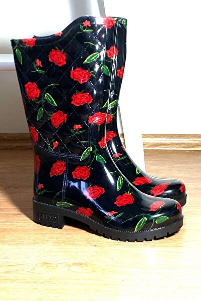 ARISAN Γυναικείες μαύρες μακριές μπότες βροχής με λουλούδια