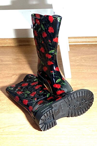 ARISAN Γυναικείες μαύρες μακριές μπότες βροχής με λουλούδια
