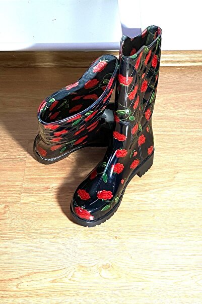 ARISAN Γυναικείες μαύρες μακριές μπότες βροχής με λουλούδια