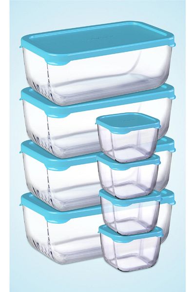 Paşabahçe 8 Piece Snowbox Storage Container Set - Blue with Lid / 4 Large + 4 Medium