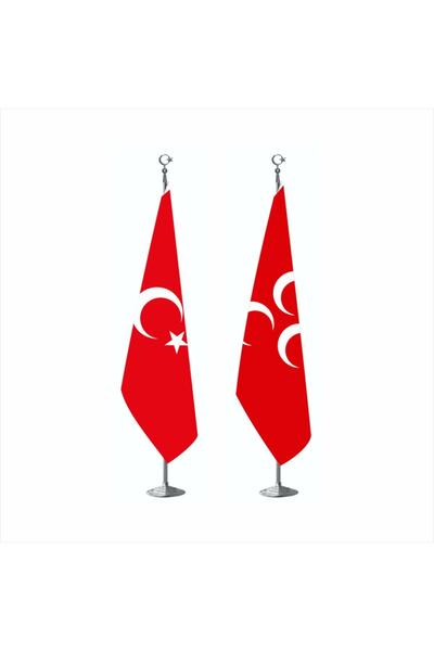 bayrakal Kırmızı Üç Hilal Ve Türk Makam Bayrağı Krom Direkli