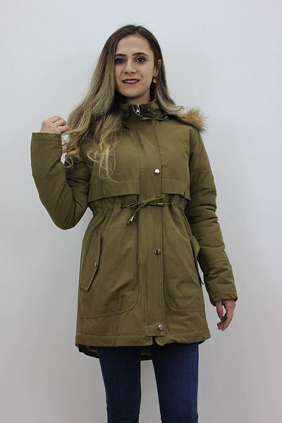 Sems Women's Green Cotton Jacket with Zipper on the Front and Snap Closure
