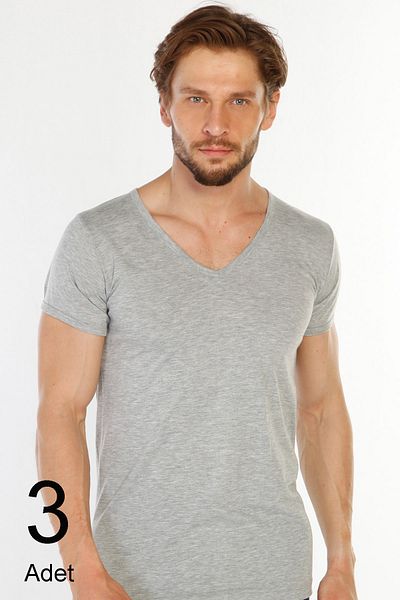 TOLIN 3 Pack Cotton Gray Melange Men's Single Jersey V-Neck Undershirt 317