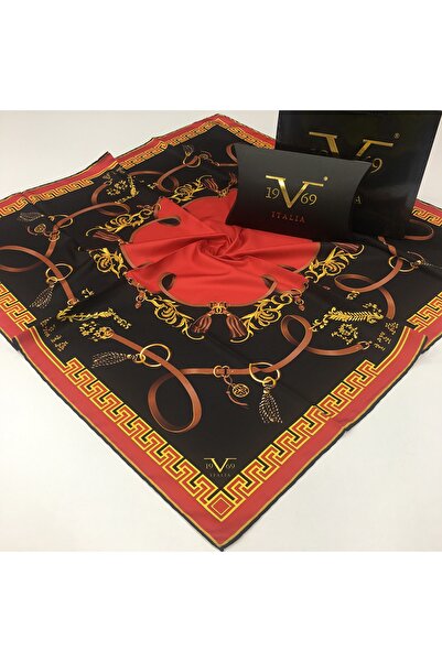 19V69 ITALIA Nar Çiçeği Siyah Twill Eşarp Black Seri 90x90 Cm Eşarp Askısı Ve...