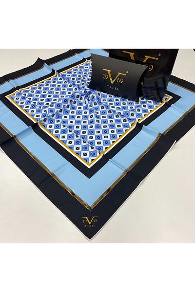 19V69 ITALIA Eșarfă din twill albastru cu model geometric Seria neagră cu umeraș pentru eșarfe și set cadou 90x90 cm