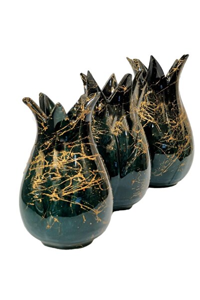 Genel Markalar 3'lü Çini Lale Vazo Seti Zümrüt Yeşili Kütahya Çinisi