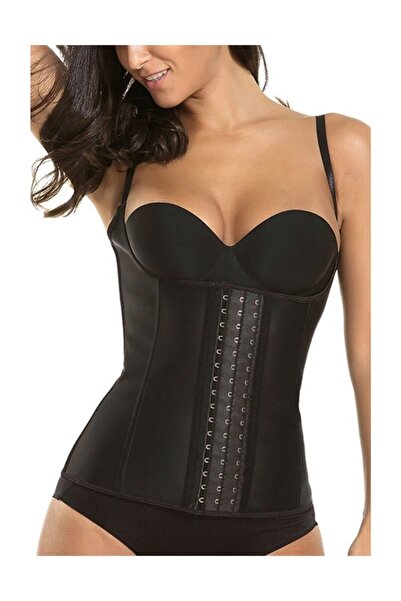 Korse Butik Lateks Korse Askılı Siyah 7 Çelik Balenli 3 Kademeli Agraflı