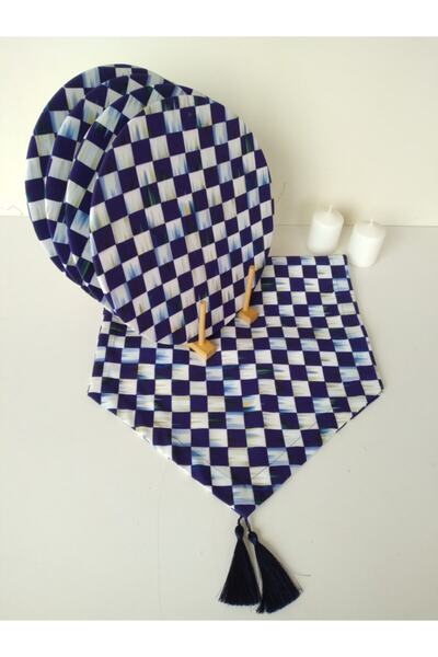 Ayşemce American Service Set (Navy Blue Checkerboard Pattern with Oil Paint E...
