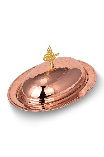 Tanemce 25 cm Red Copper Saltanat Inflatable Boat Presentation Plate with Lid - Hand Forged (4405-1)