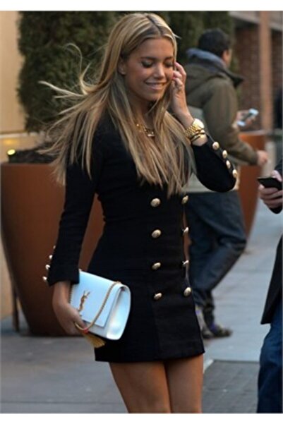 Secret Passion Lingerie Esnek Dalgıç Kumaş Düğme Detaylı Siyah V Yaka Mini Elbise Gece Elbisesi