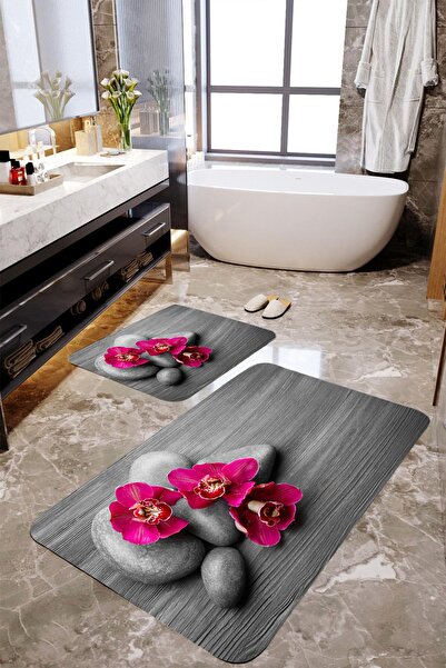 MEKTA HOME 3 Boyutlu Gri Taşlı 2'li Banyo Paspas Takımı Mktbp-035 60x100/50x60
