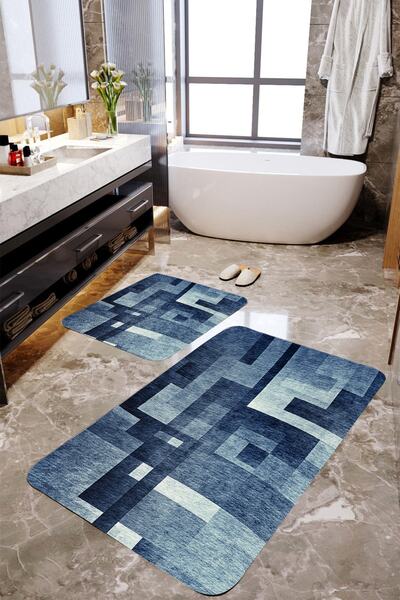 MEKTA HOME Σετ πατάκι μπάνιου 2 τεμαχίων μπλε γεωμετρικό σχέδιο Mktbp-018 60x...