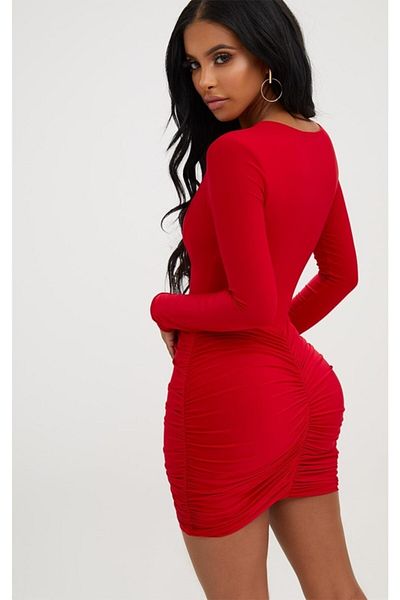 Secret Passion Lingerie Tknfashion Flexible Fabric Low-cut Chest Gather Detailed Long Sleeve Red Mini Dress 394