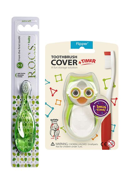 R.O.C.S. Green Owl Figure Toothbrush and Flipper Owl Hygienic Storage Container Set