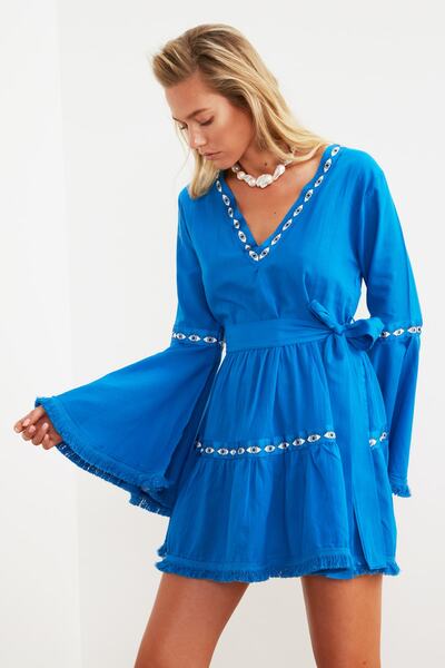 Trendyol Collection Μίνι φόρεμα με αξεσουάρ από 100% βαμβακερή ρίγα Saks Beach Wear TBESS22EL0703