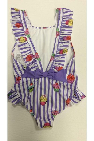 Kom Cupcakeli Striped Ruffle and Bow Detailed Girls' Swimsuit / Lilac Purple
