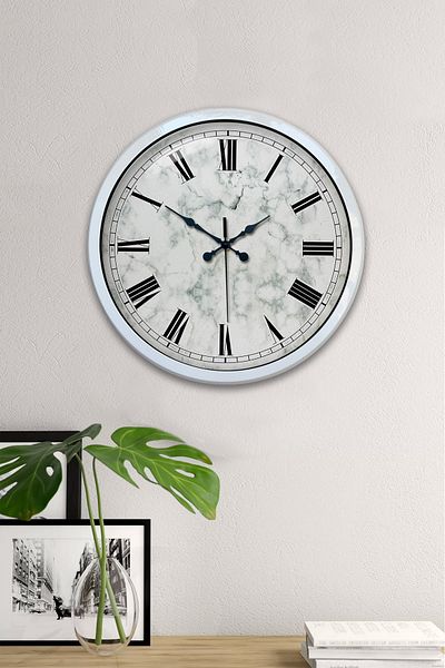 Kasva Concept Gift 40 cm White Metal Marble Patterned Wall Clock