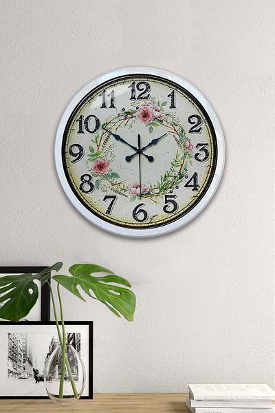 Kasva Concept Ceas de perete cu coroană de flori din metal alb de 40 cm