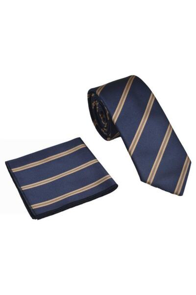 Brianze Тъмносиня вратовръзка с носна кърпа на райе от норка