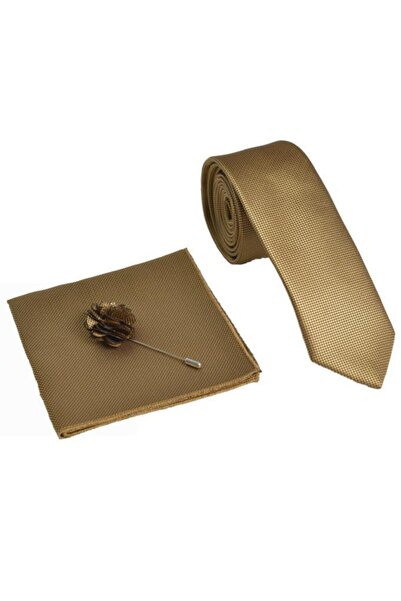 Brianze Erkek Gold Kravat Mendil Yaka Çiçeği Set