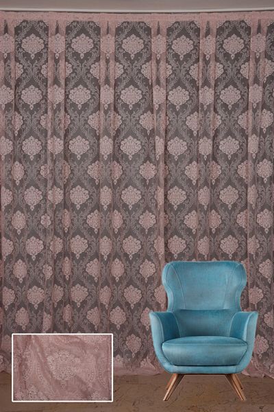 AKÇA TEKSTİL Framed Damaks Powder Color Single Wing Ready Planted Pleated Background Curtain 300*260 Cm